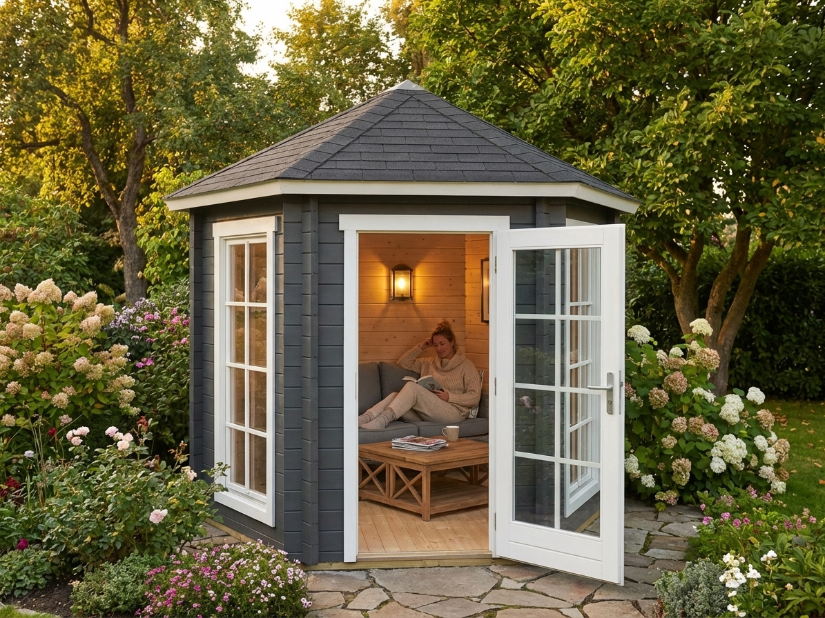 Hexagonal wooden gazebo in dark grey with Nordic spruce - view 3