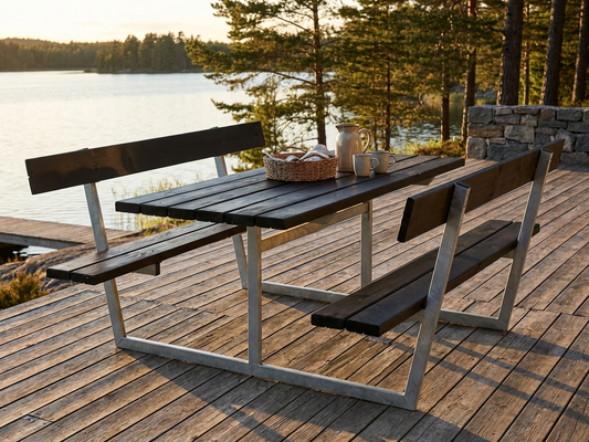 Black picnic table made of pinewood with galvanised steel frame - product detail
