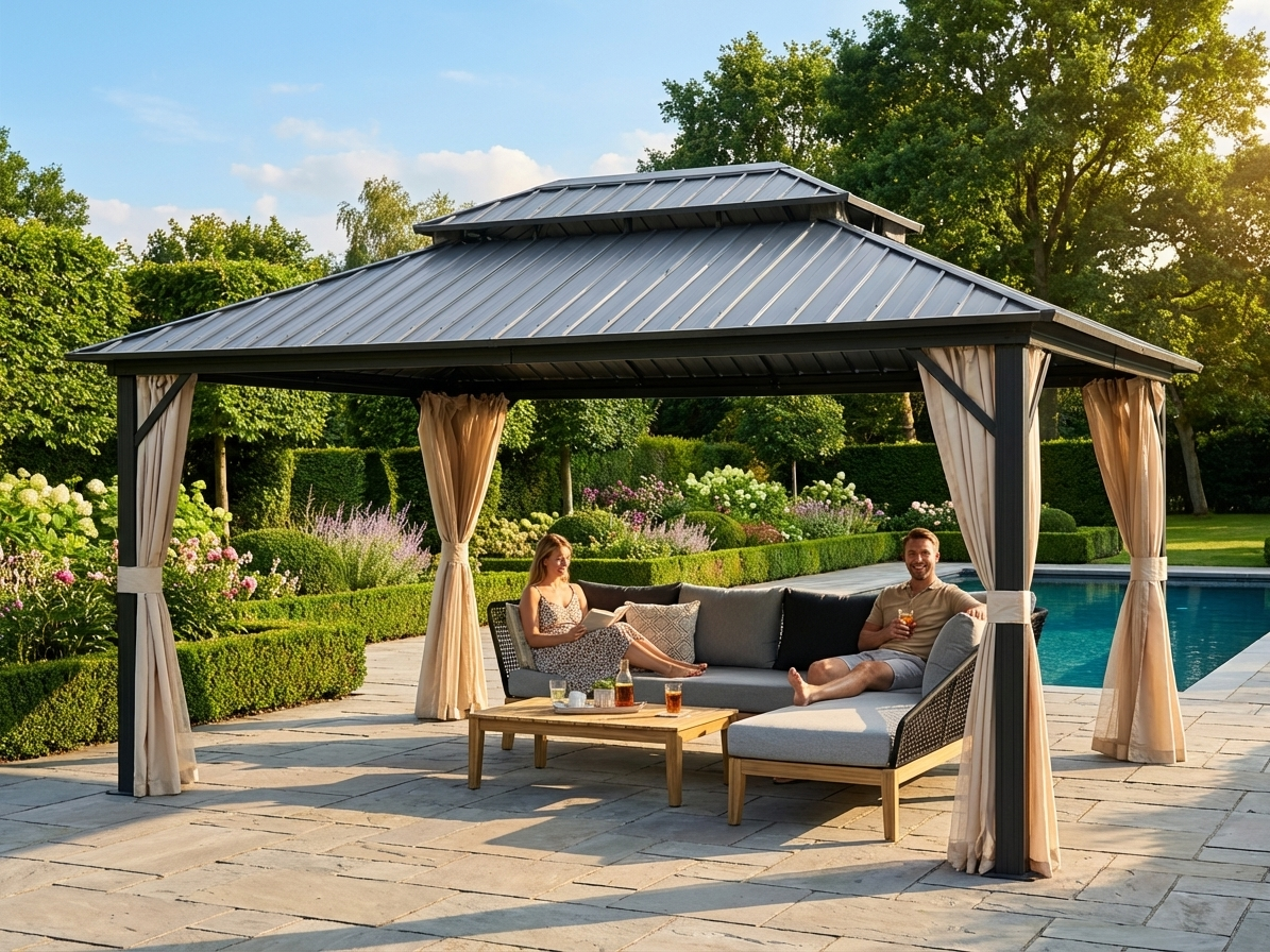 Outdoor gazebo in black and ecru with curtains and mosquito net - view 3