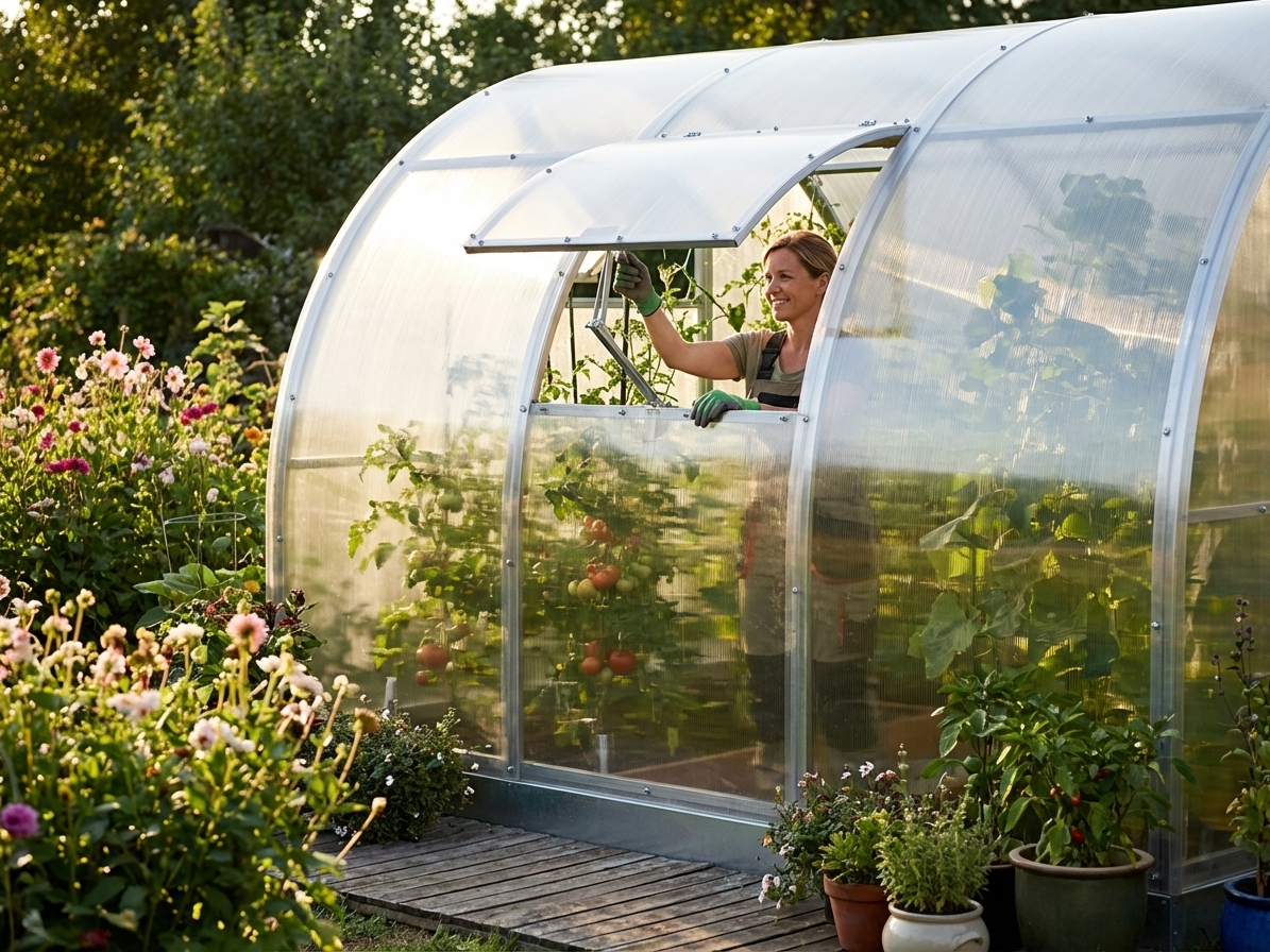 Greenhouse ventilation window with automatic opener in silver - view 3
