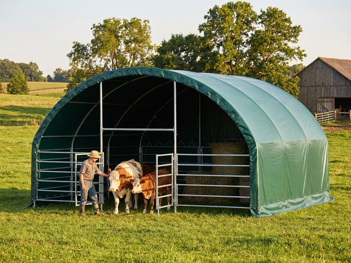 Green PVC livestock shelter 6x6x3.7 m for outdoor use - view 3