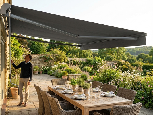 Grey awning with aluminium frame and crank handle - product detail