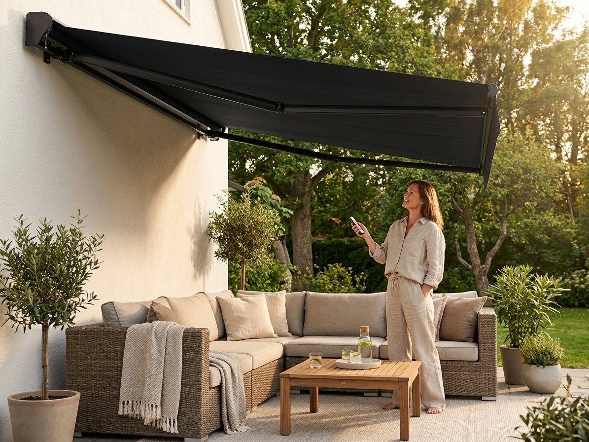 Black awning with remote control for outdoor use - view 3