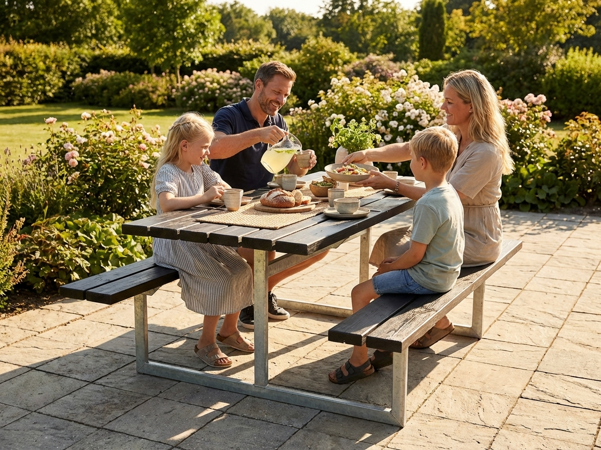Black picnic table made of pinewood with galvanised steel frame - view 3