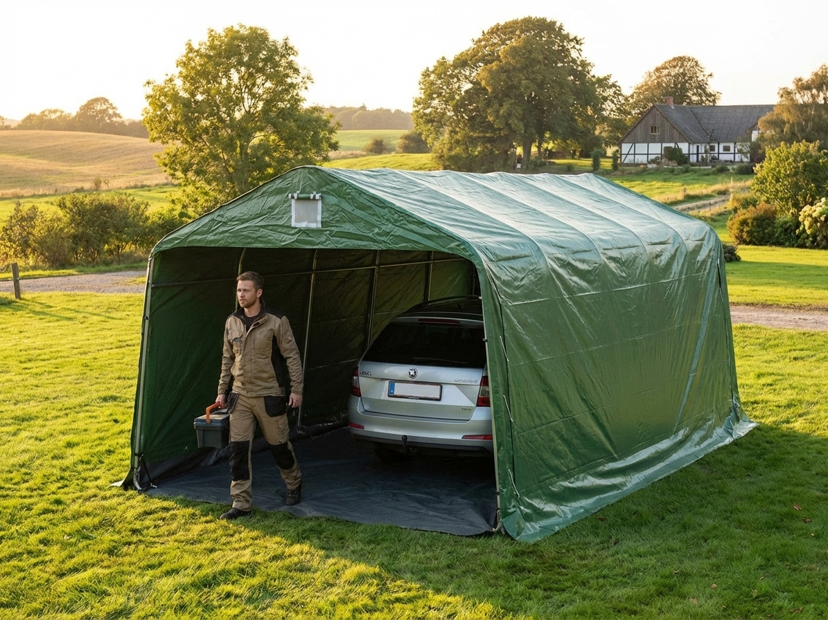 Portable garage in green with strong PVC cover and galvanised steel frame - view 3