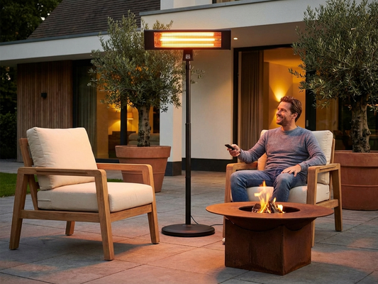 Black patio heater standing outdoors, offering warmth and style - product detail