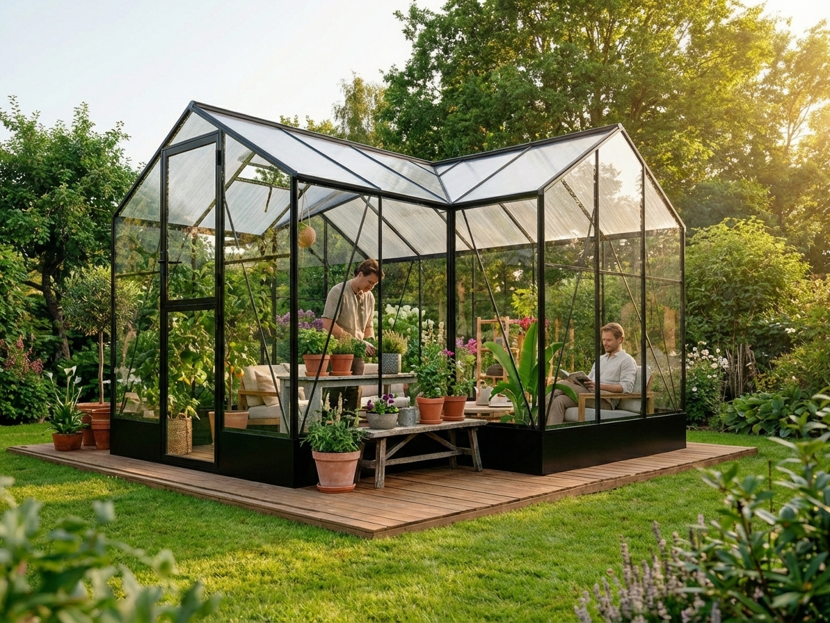 Spacious black polycarbonate and glass greenhouse - product detail