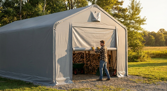 PVC storage shelter end wall in grey, designed for industrial use - product detail