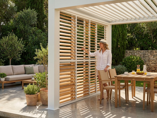 Louvre wall for bioclimatic pergola in wood finish and white aluminium - product detail