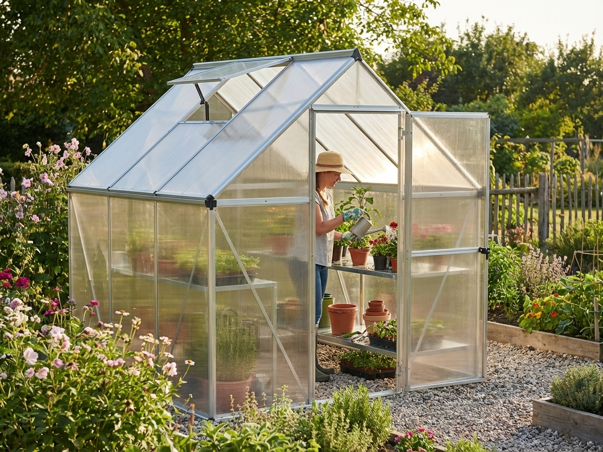 Polycarbonate greenhouse with silver aluminium frame - view 3