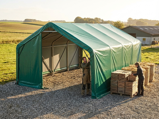 Green PVC roof cover for storage shelters, showing durable construction - product detail