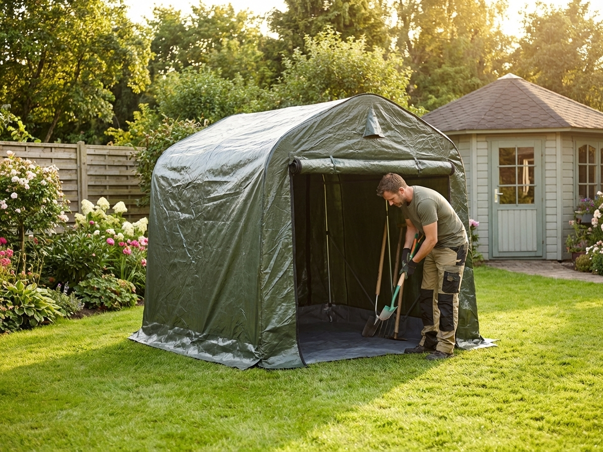 Storage tent with green and grey polyethylene cover and steel frame - view 3