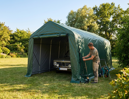 Green portable garage made of PVC and steel for outdoor storage - product detail