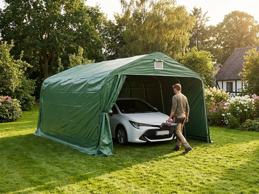 Portable garage in green PVC with steel frame for outdoor storage - product detail
