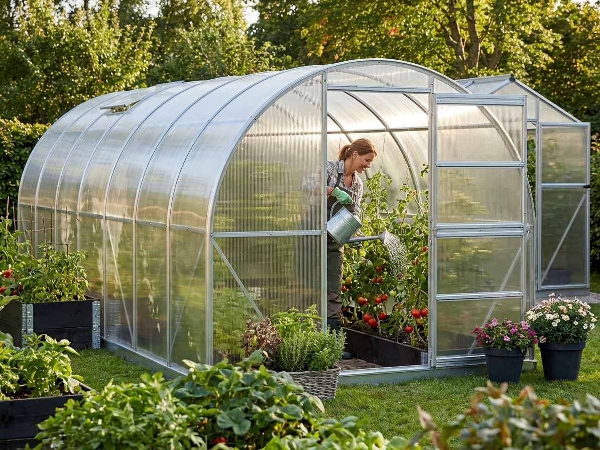 Greenhouse extension made from polycarbonate and steel in silver - view 3