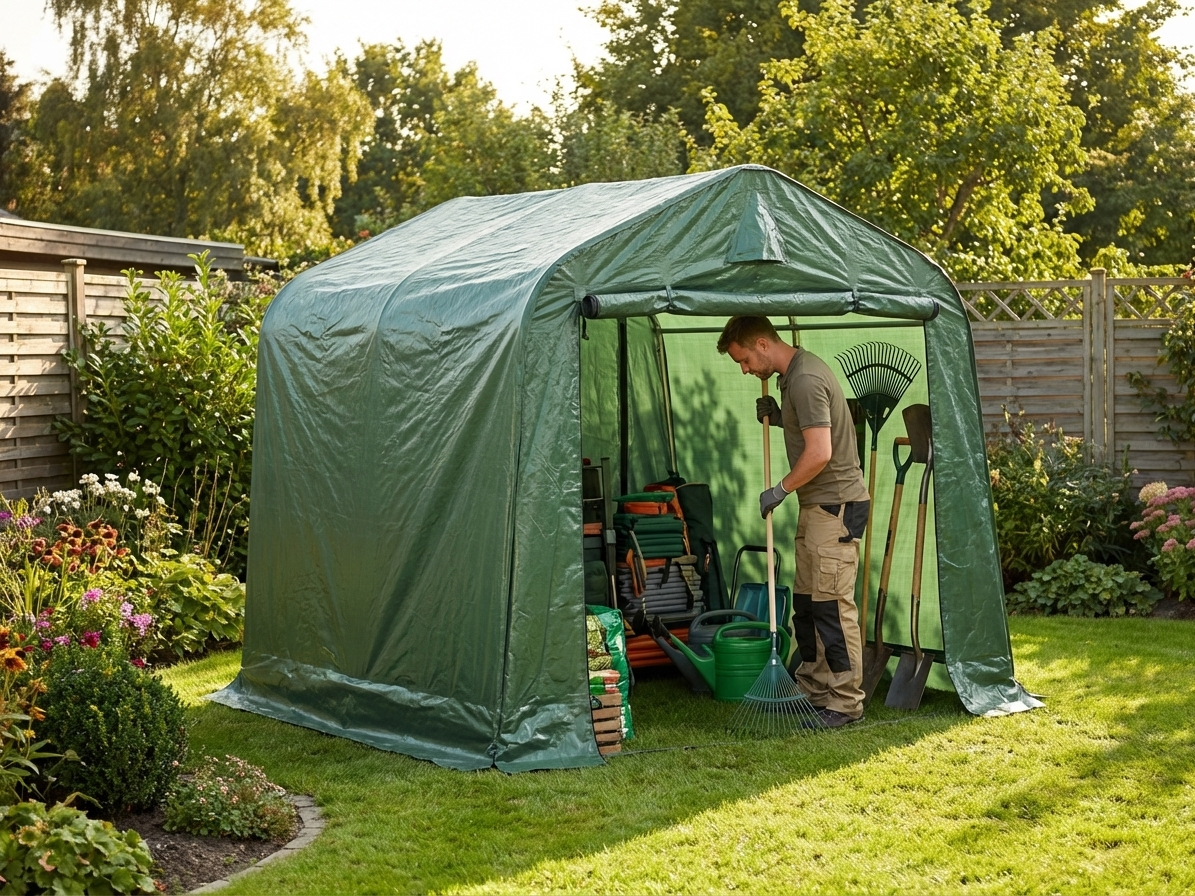 Green storage tent with polyethylene tarpaulin and steel frame for outdoor use - view 3