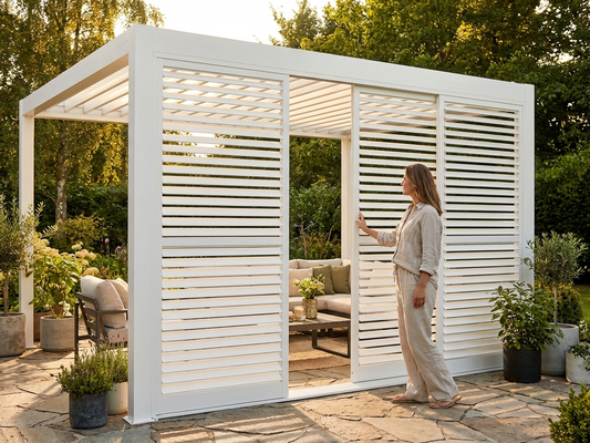 Louvre sliding door set for pergola with white aluminium frame - product detail
