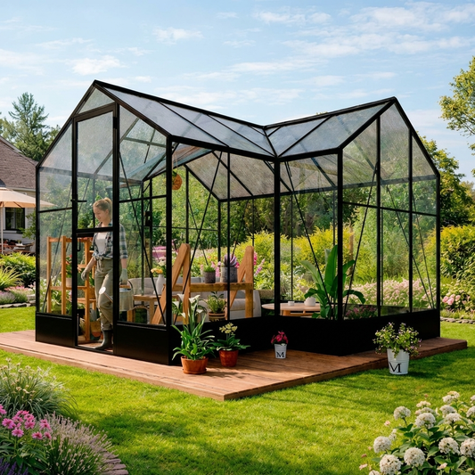 Polycarbonate greenhouse with black aluminium frame and tempered glass walls - product detail