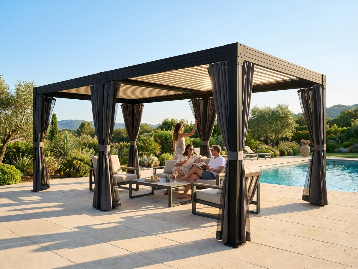 Bioclimatic pergola gazebo in black, 3x6m size - view 3
