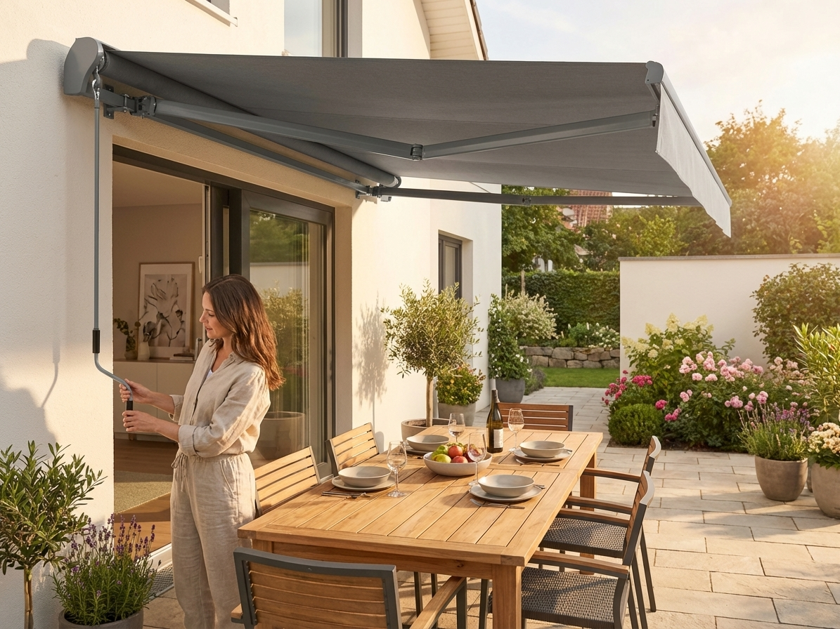 Grey outdoor awning with aluminium frame for garden and patio - view 3