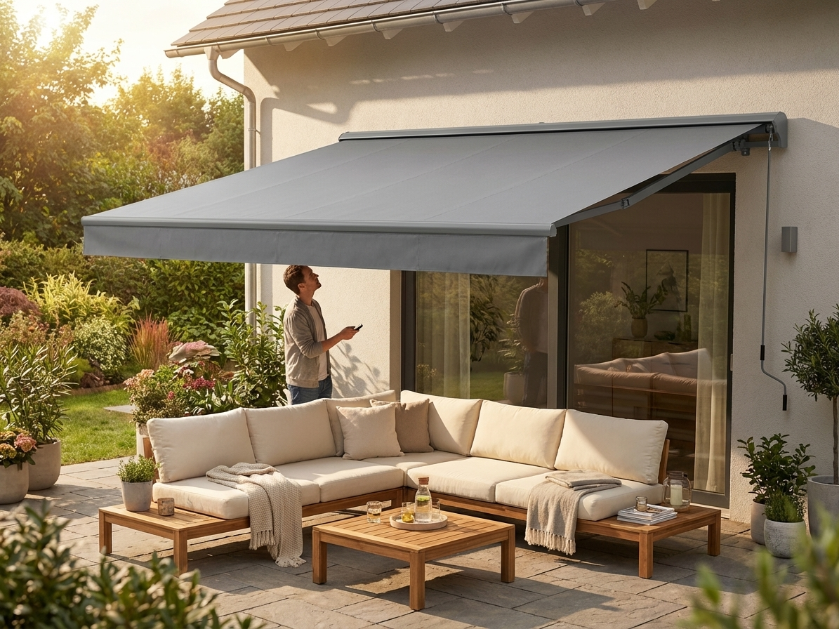 Remote controlled awning in grey with aluminium frame for outdoor use - view 3