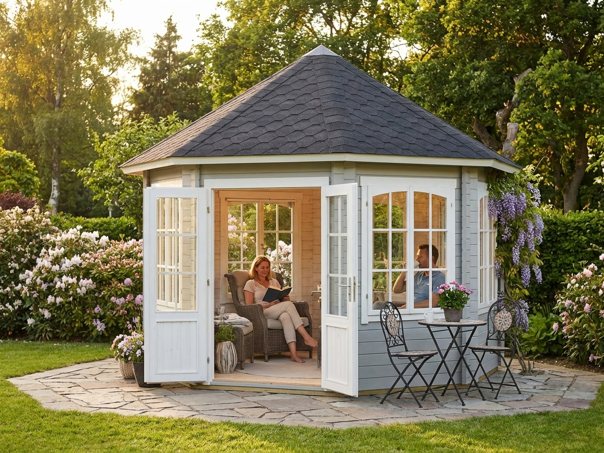 Wooden Gazebo with Octagonal Design in Light Grey for Gardens - view 3