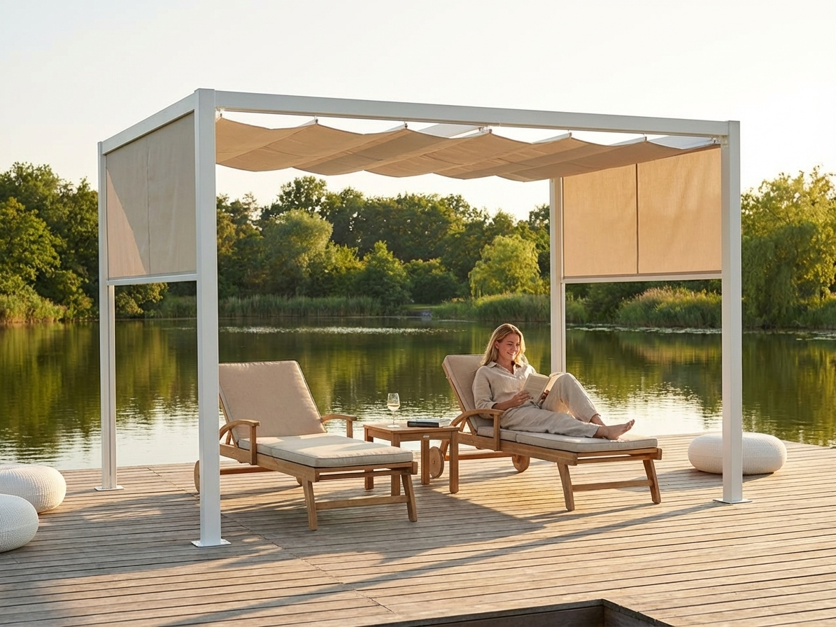 White and beige pergola gazebo with aluminium frame - view 3
