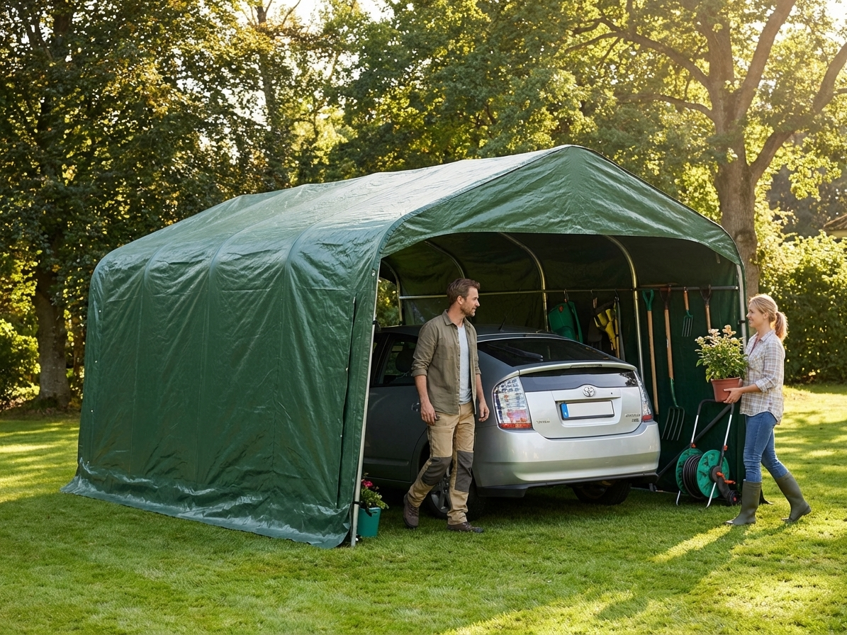 Portable green garage made from PVC for outdoor storage - view 3