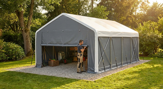 Storage Shelter 8x9x3x5 m in White/Grey, PVC and steel construction - product detail