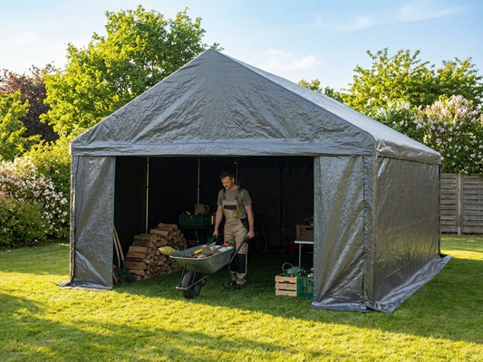 Grey storage tent 4x8m with PE tarpaulin and steel frame - product detail