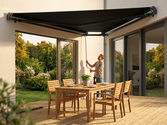 Black awning with crank handle and aluminium frame for outdoor use - product detail