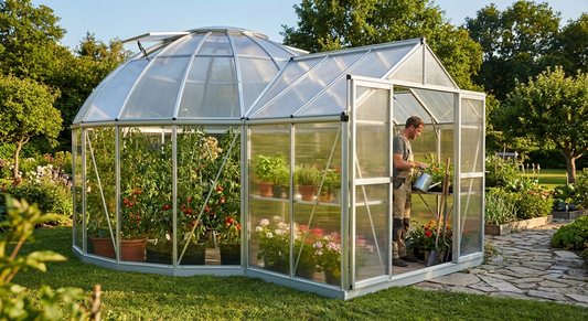 Greenhouse extension in silver with polycarbonate and steel frame - product detail