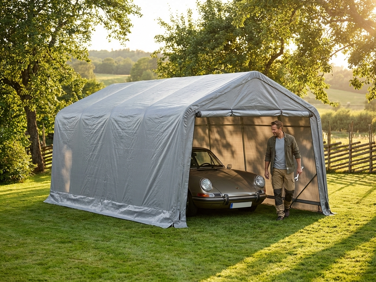 Grey portable garage made of PVC and steel, suitable for outdoor storage - view 3