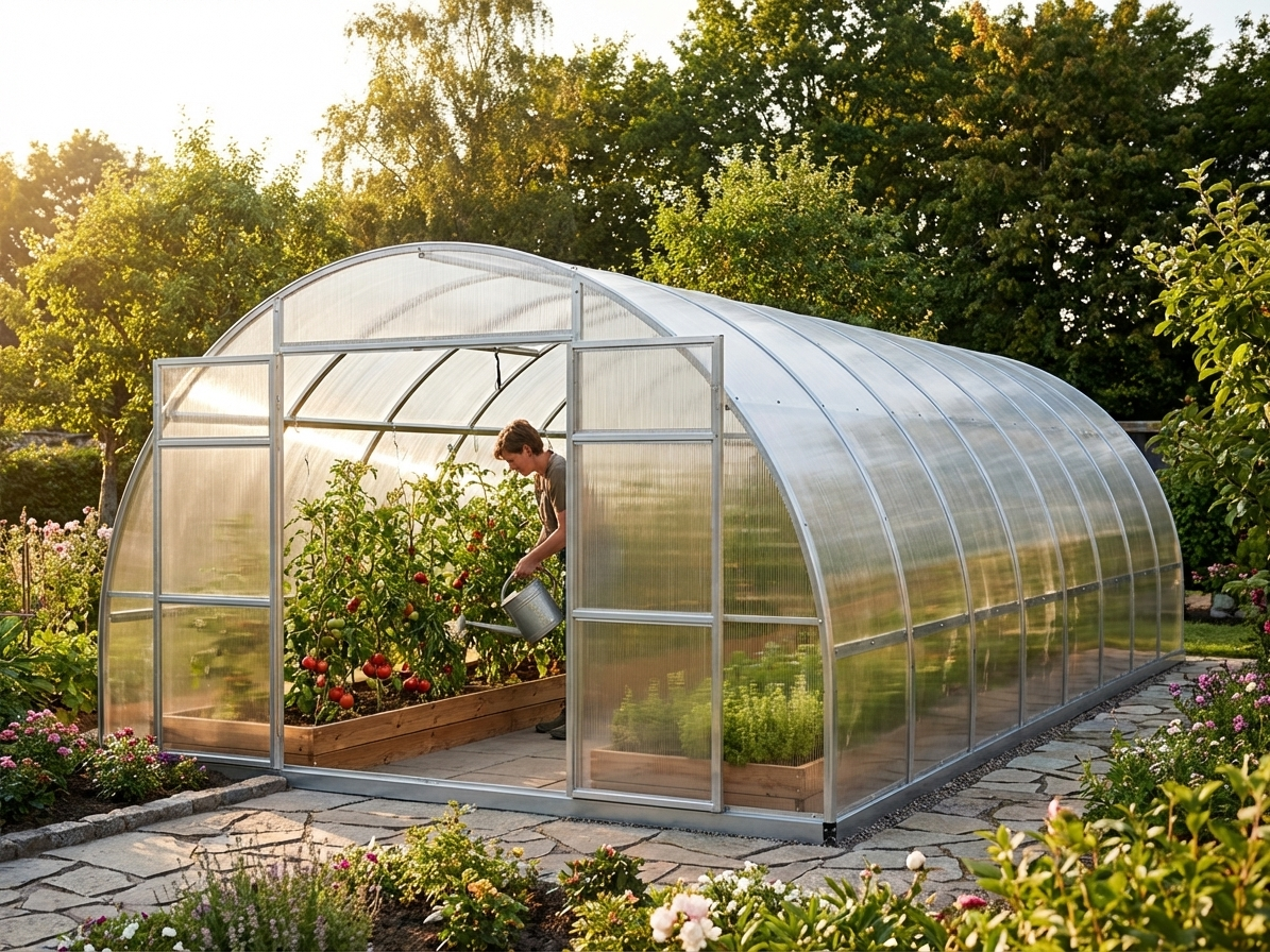 Silver greenhouse with polycarbonate panels, suitable for domestic use - view 3