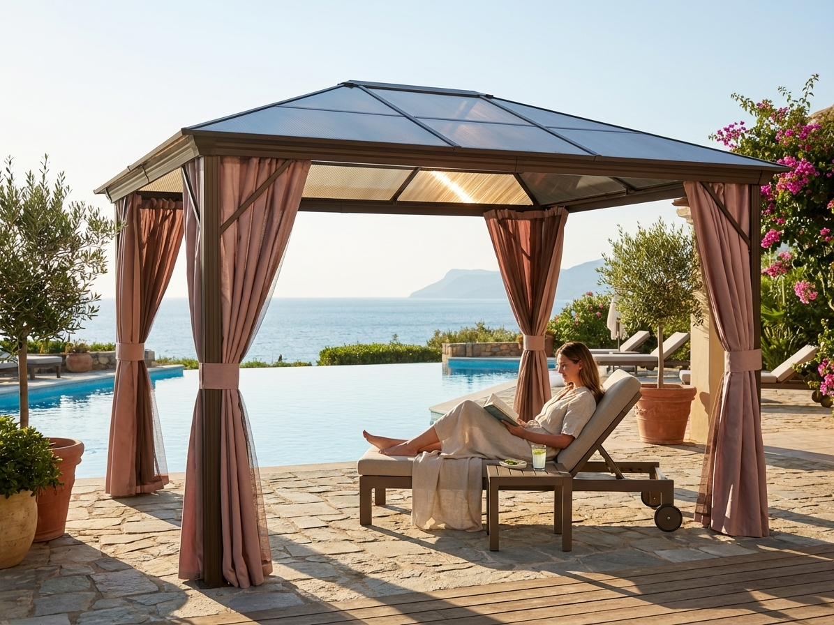 3x4m brown gazebo with aluminium frame and polycarbonate roof - view 3