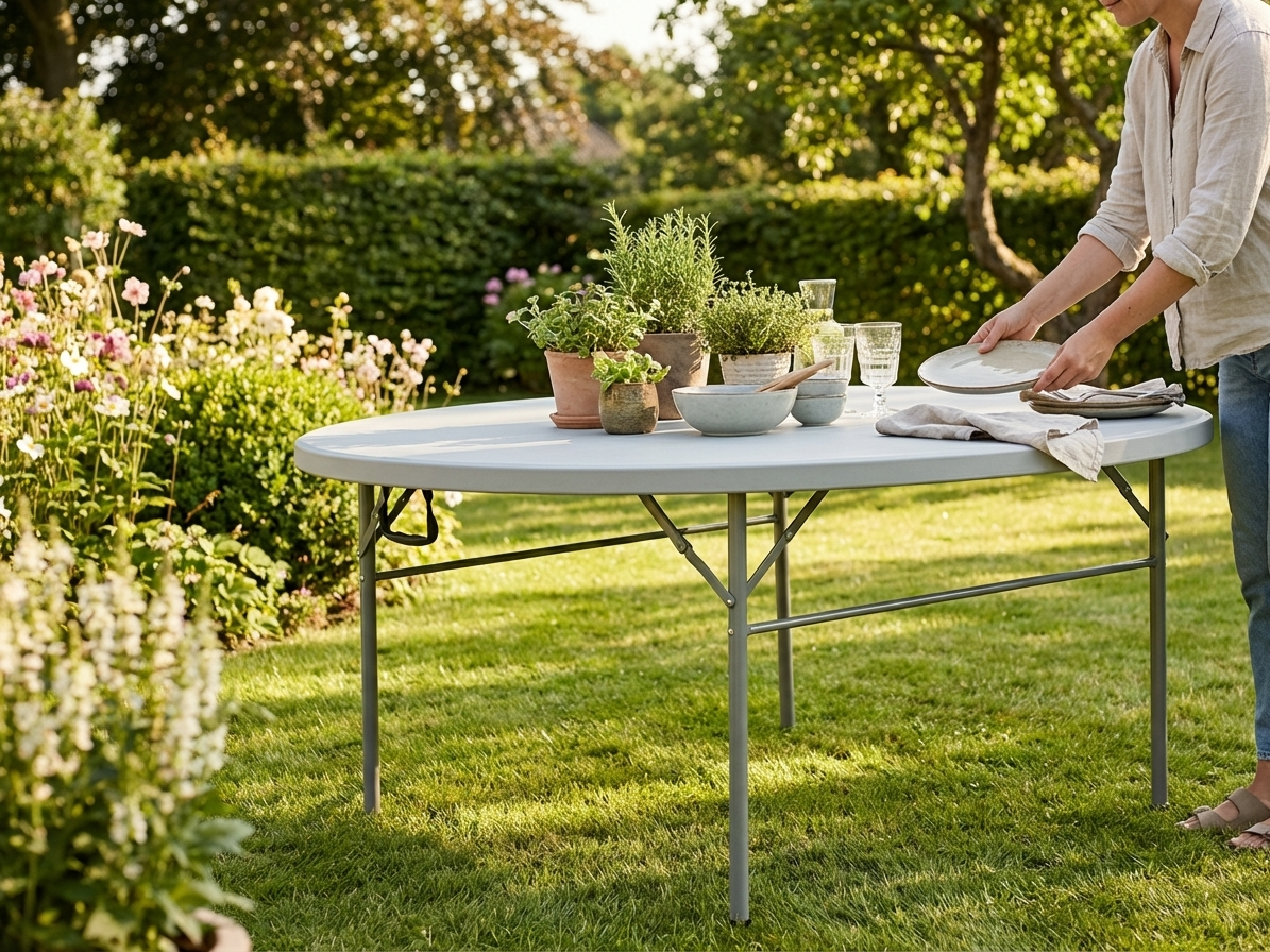 Round folding table in light grey, Ø183 cm, suitable for indoor and outdoor use - view 3