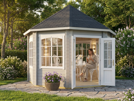 Wooden Gazebo with Octagonal Design in Light Grey for Gardens - product detail