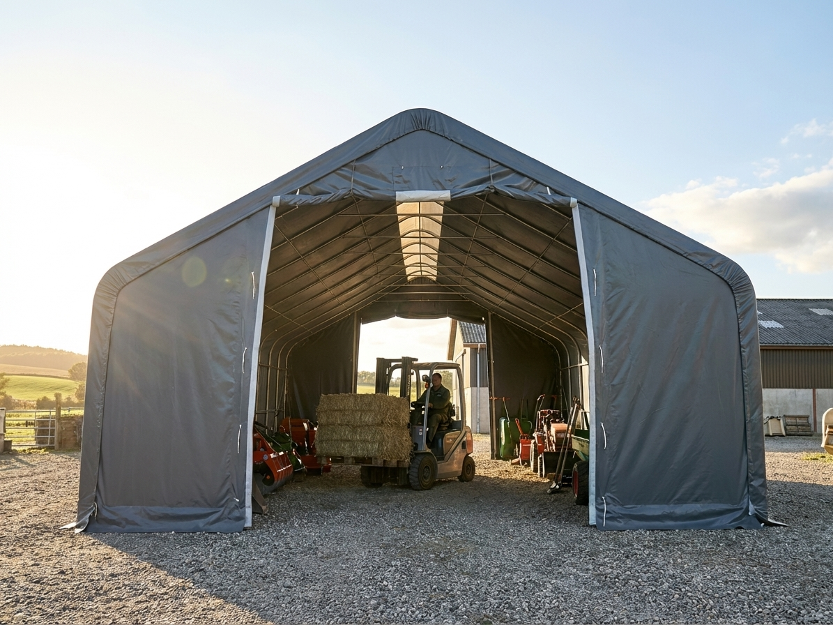 Grey storage shelter 8x12x5.2m made of PVC and galvanised steel - view 3