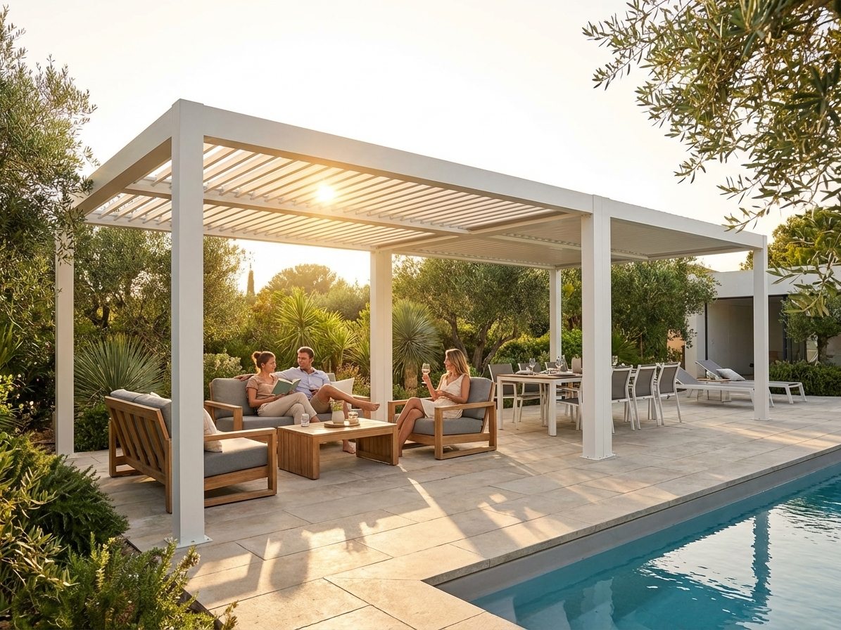 Bioclimatic pergola gazebo in white, aluminium structure - view 3