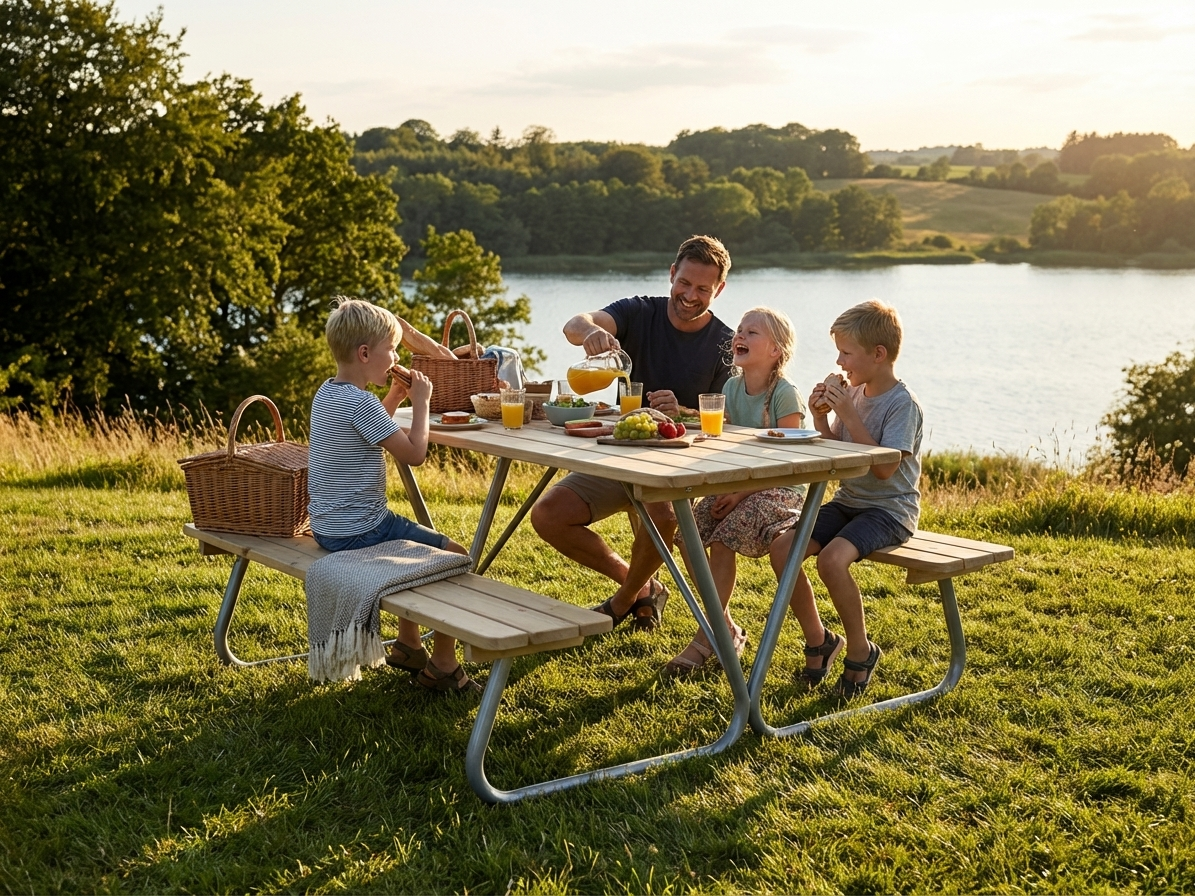 Picnic table made of pinewood and steel, perfect for outdoor dining - view 3