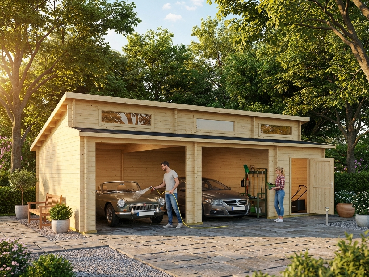 Wooden double garage made from Nordic Spruce in natural finish - view 3