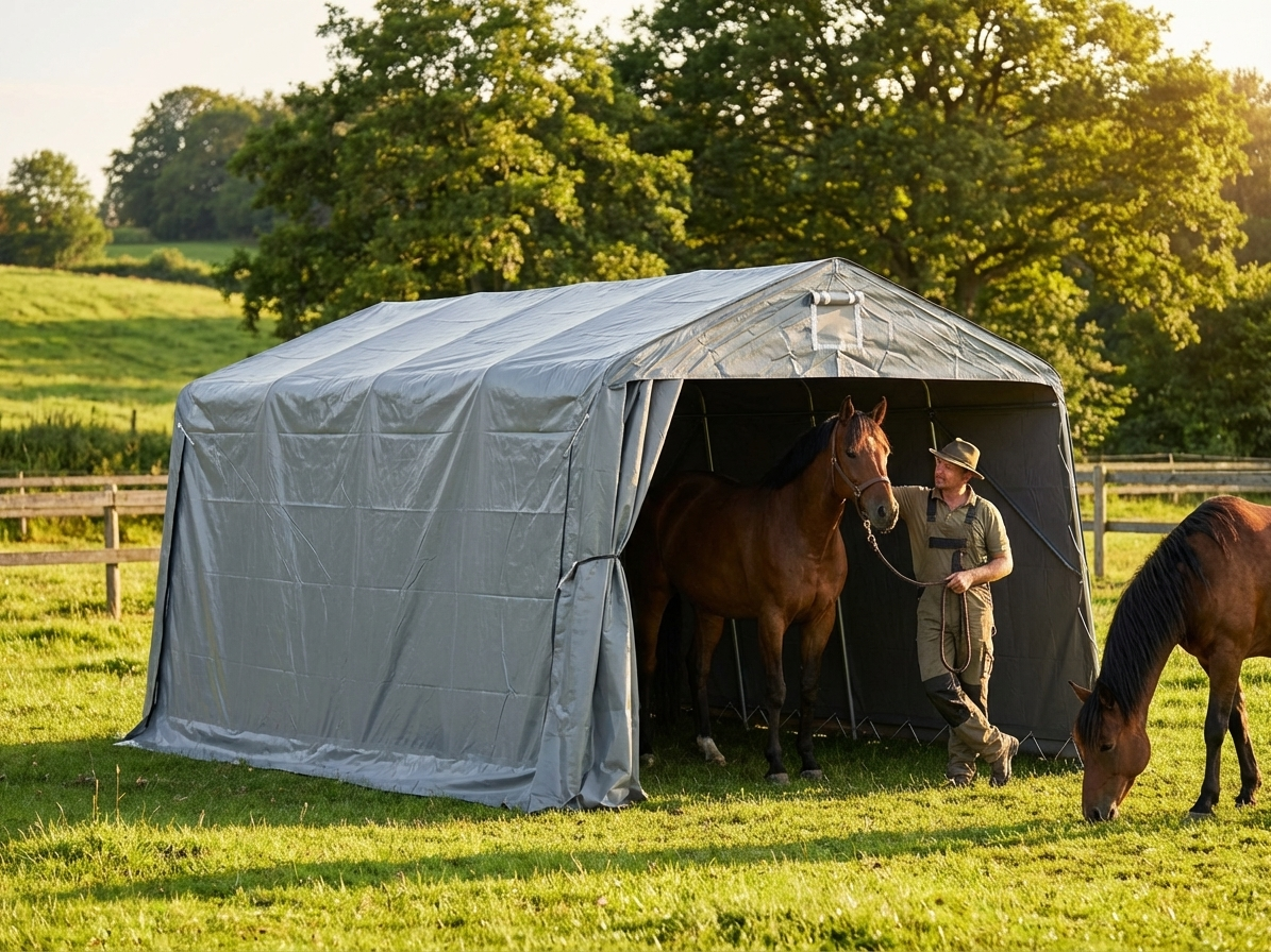 Grey livestock shelter made from PVC and galvanised steel - view 3