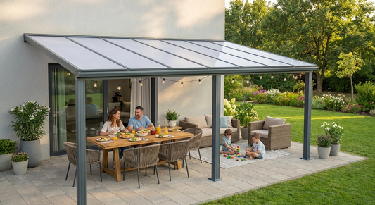 Grey patio cover with aluminium frame and polycarbonate roof, size 3x4.25 m - product detail