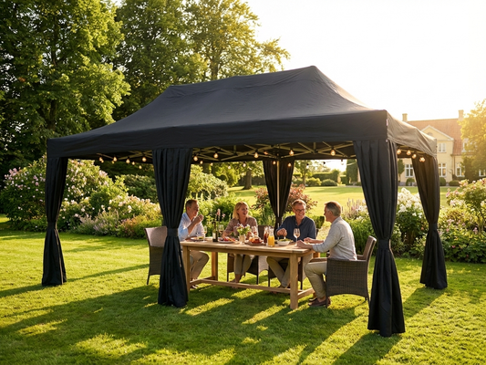 Pop Up Gazebo in Black with Steel Frame and Decorative Curtains - product detail