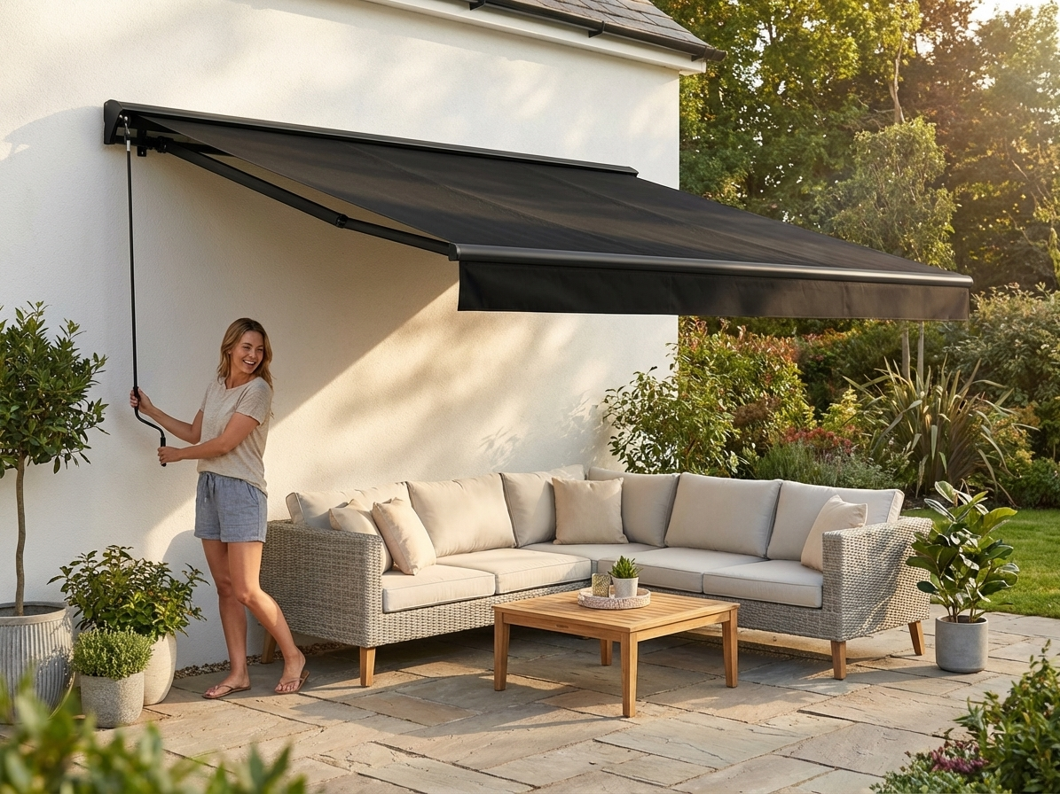 Black awning with crank handle for outdoor use - view 3