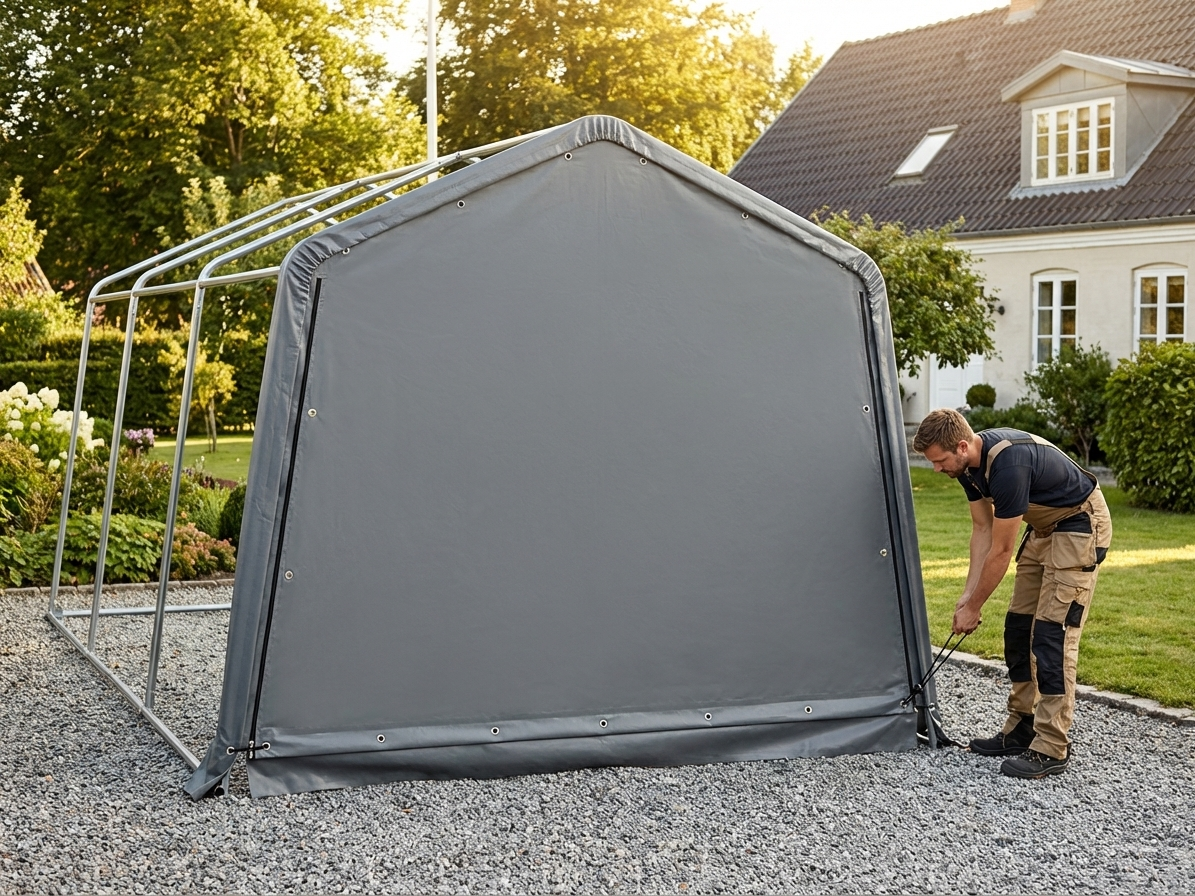 Grey portable garage endwall door made of polyethylene - view 3