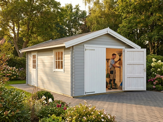 Light grey wooden garage made from Nordic Spruce, ideal for domestic use - product detail