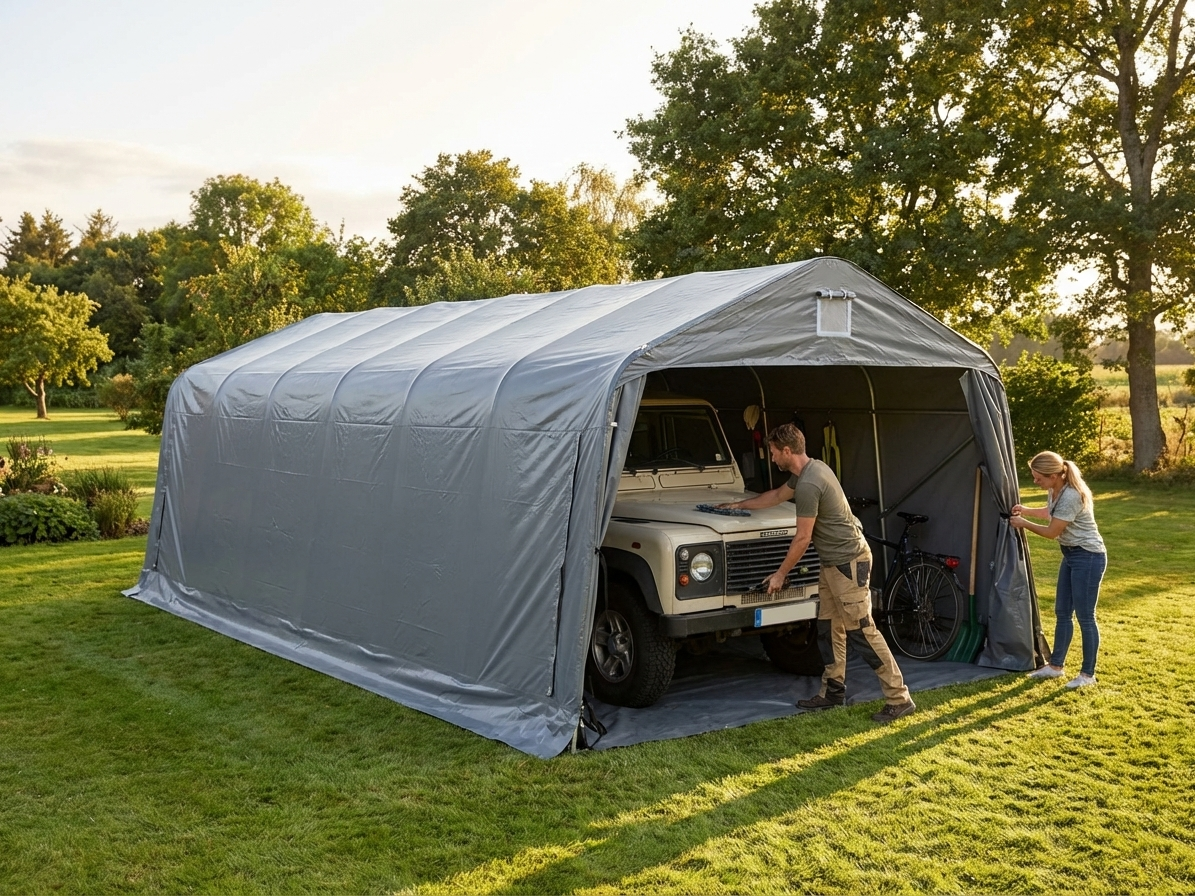 Grey portable garage made from PVC and steel, outdoor shelter - view 3