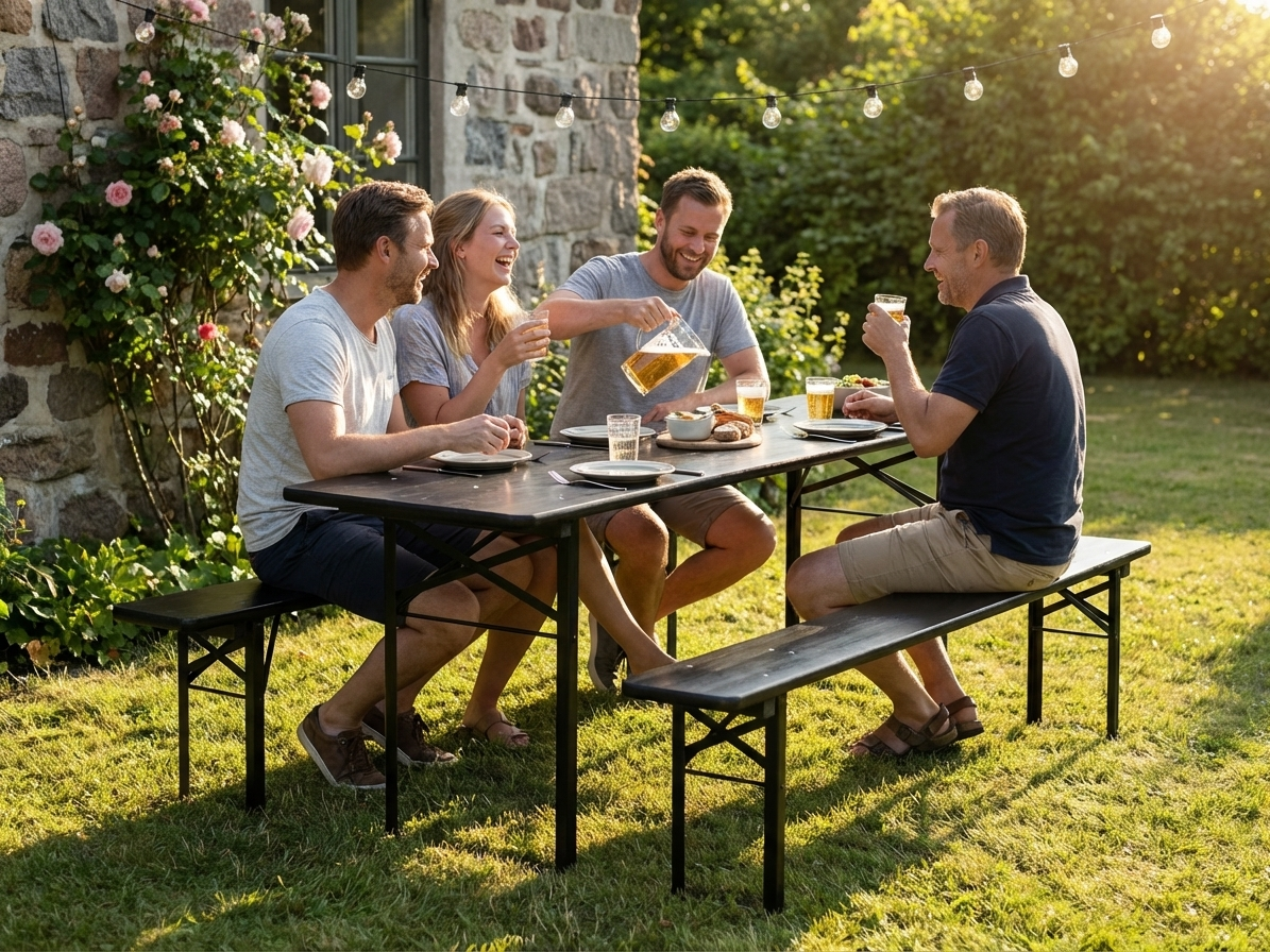 Black beer table set with pinewood top and steel frame - view 3