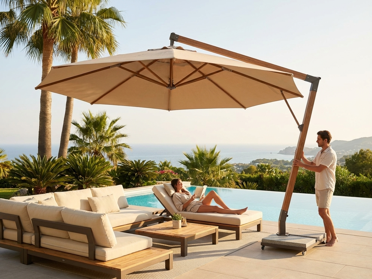Cantilever parasol in sand colour with aluminium frame, Ø4m - view 3